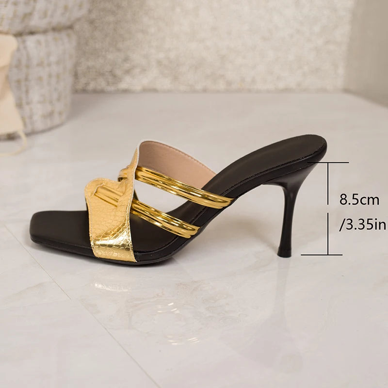 Luxury Gold High Heel Slippers Women 2026 Summer Peep Toe Stiletto Heels Sandals Woman Plus Size 42 Brand Designer Party Shoes