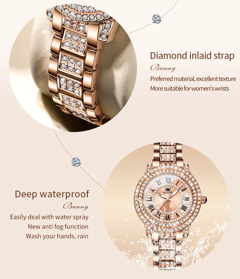 OLEVS 9943 Rose Gold Ladies Watch Stainless Steel Waterproof Full Diamond Quartz Watch for Women Set Gift