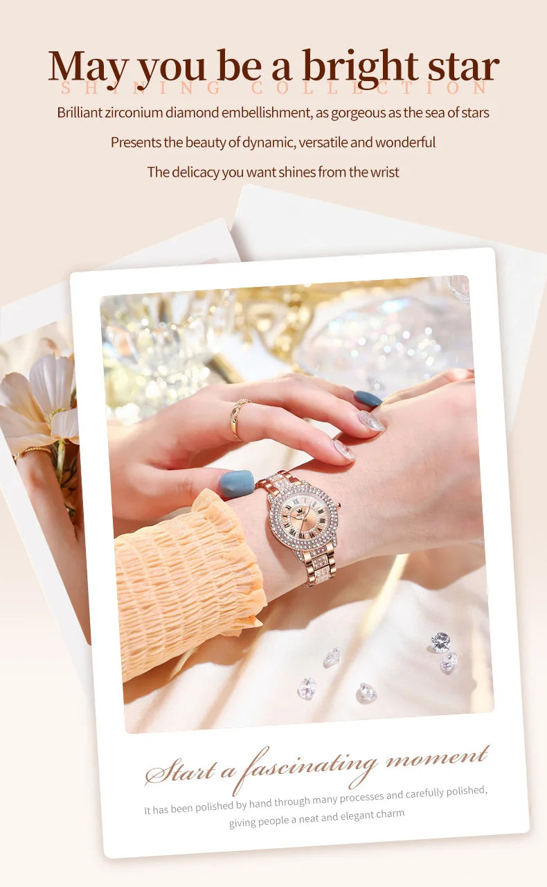 OLEVS 9943 Rose Gold Ladies Watch Stainless Steel Waterproof Full Diamond Quartz Watch for Women Set Gift