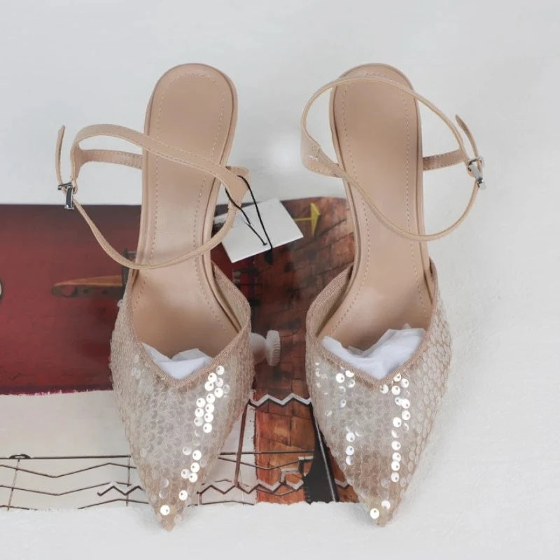 Luxury Sequins Women Pumps for Bridal Wedding Elegant Ankle Strap Sexy super High Heel Shoes Female Designer Slingback Footwear