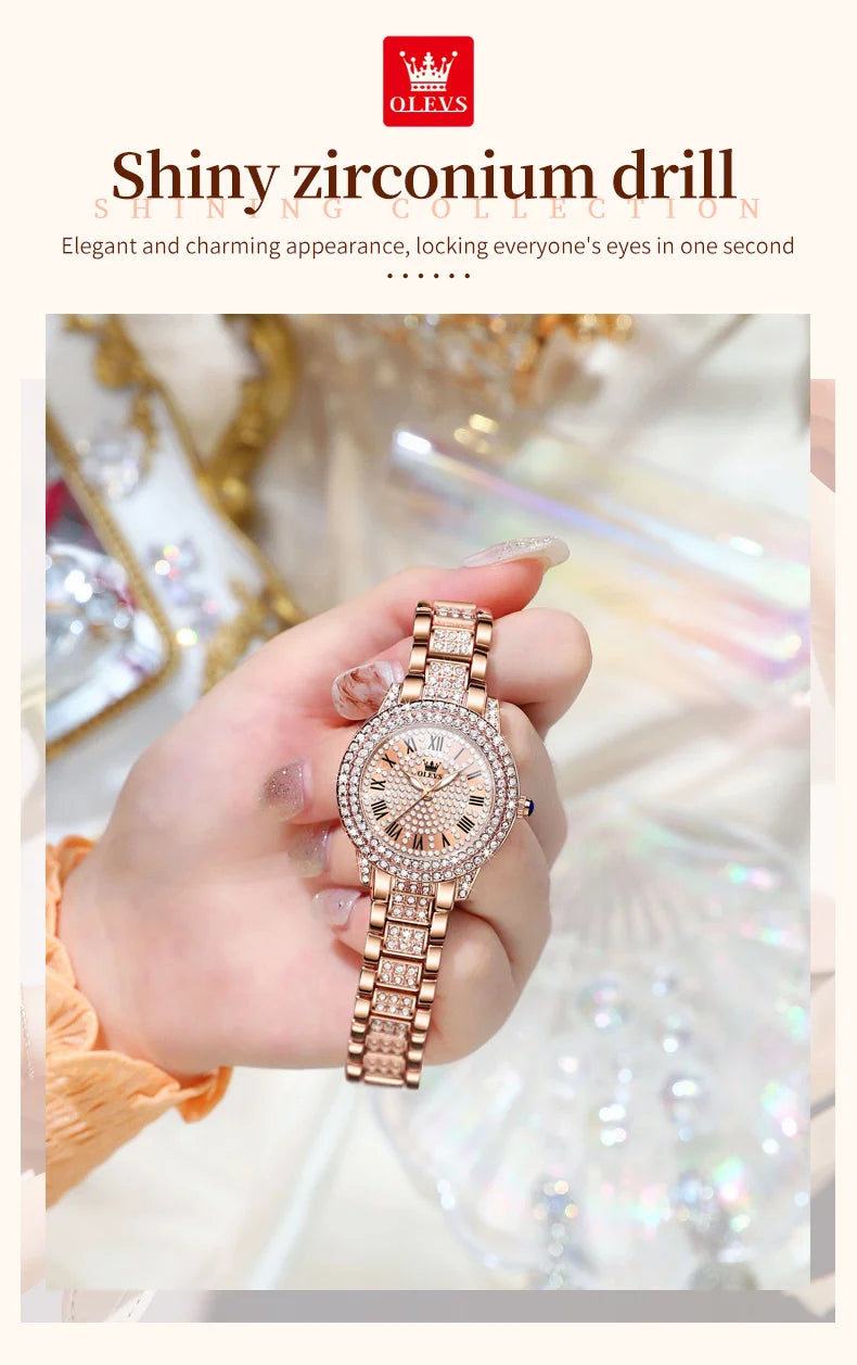 OLEVS 9943 Rose Gold Ladies Watch Stainless Steel Waterproof Full Diamond Quartz Watch for Women Set Gift