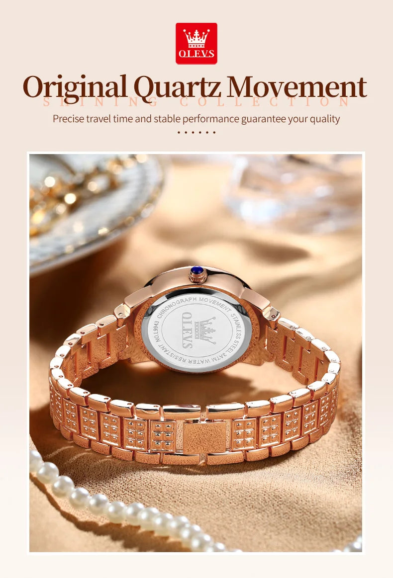 OLEVS 9943 Rose Gold Ladies Watch Stainless Steel Waterproof Full Diamond Quartz Watch for Women Set Gift