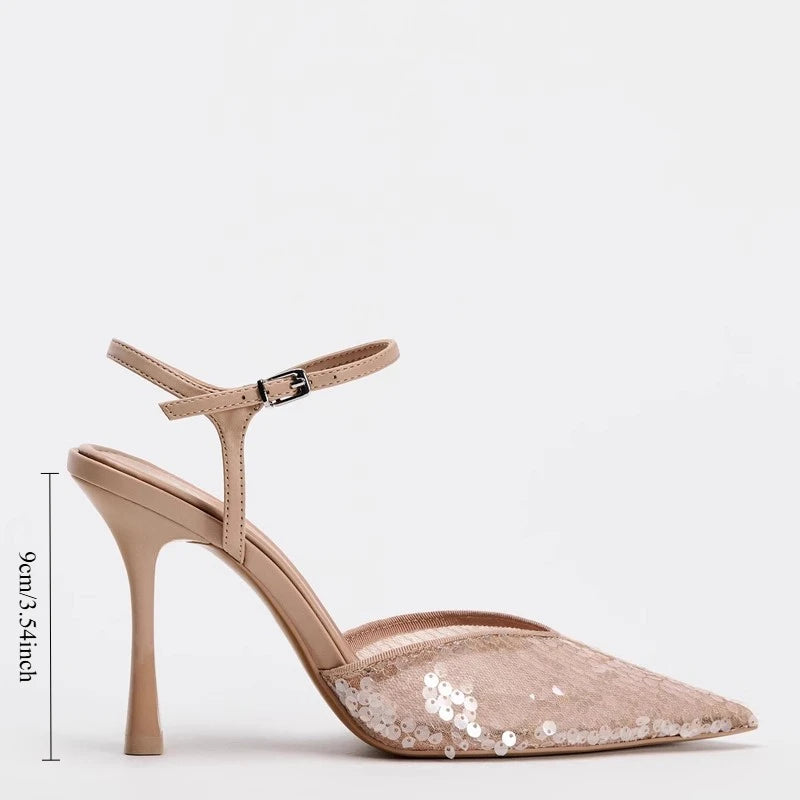 Luxury Sequins Women Pumps for Bridal Wedding Elegant Ankle Strap Sexy super High Heel Shoes Female Designer Slingback Footwear