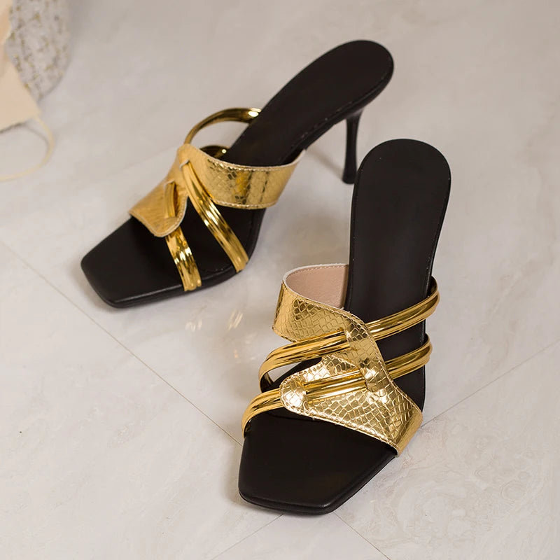 Luxury Gold High Heel Slippers Women 2026 Summer Peep Toe Stiletto Heels Sandals Woman Plus Size 42 Brand Designer Party Shoes