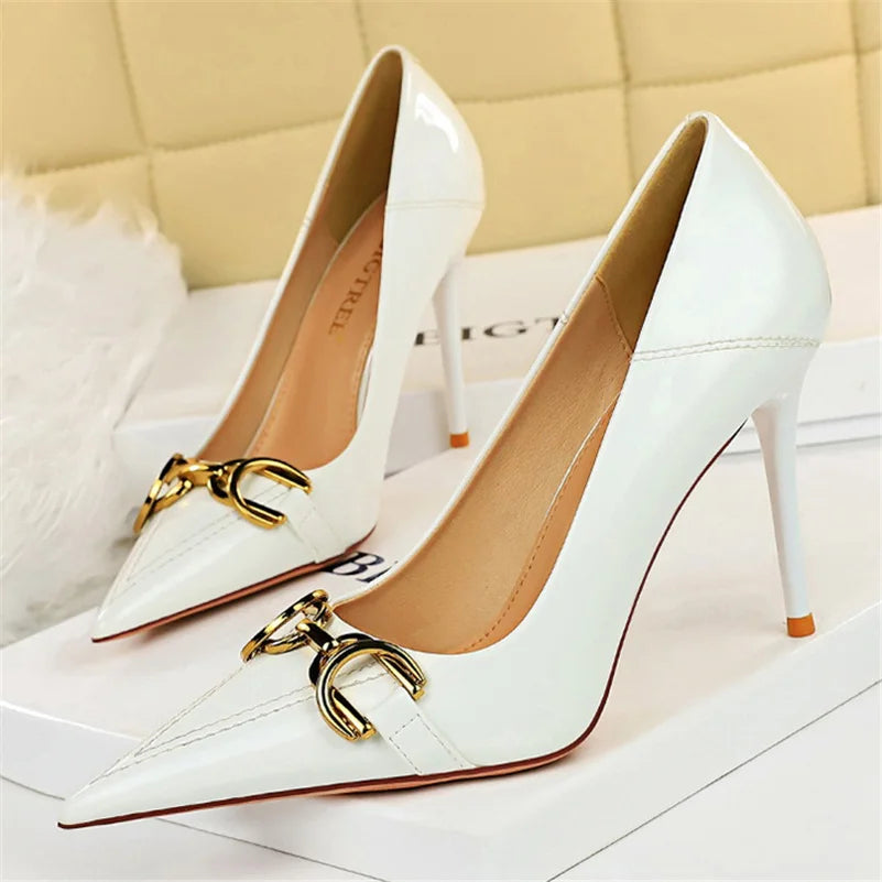 Luxury Design Women 10cm High Heels Metal Buckle Green Pumps Lady Plus Size Wedding Stiletto Heels Party Nude Replica Prom Shoes