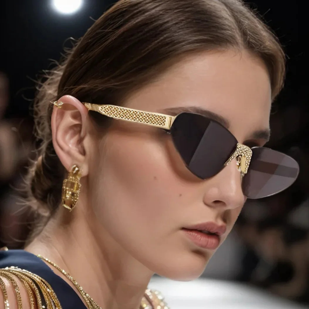 Luxury Diamond Decoration Sunglasses Women 2024 Brand Designer Women  Metal Rimless Sun Glasses For Ladies Eyewear #301677