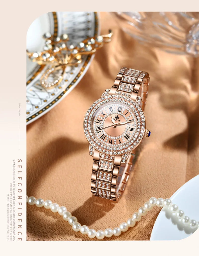 OLEVS 9943 Rose Gold Ladies Watch Stainless Steel Waterproof Full Diamond Quartz Watch for Women Set Gift
