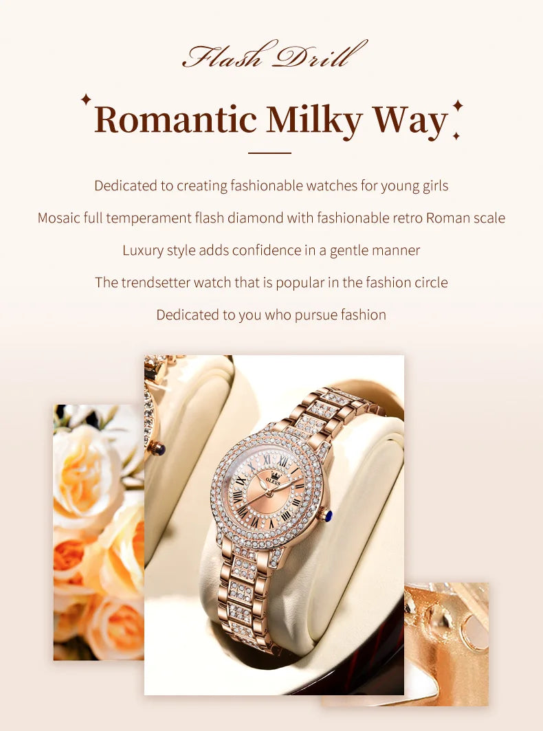 OLEVS 9943 Rose Gold Ladies Watch Stainless Steel Waterproof Full Diamond Quartz Watch for Women Set Gift