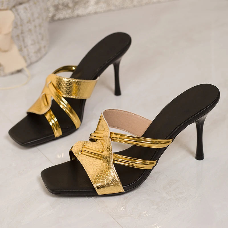 Luxury Gold High Heel Slippers Women 2026 Summer Peep Toe Stiletto Heels Sandals Woman Plus Size 42 Brand Designer Party Shoes