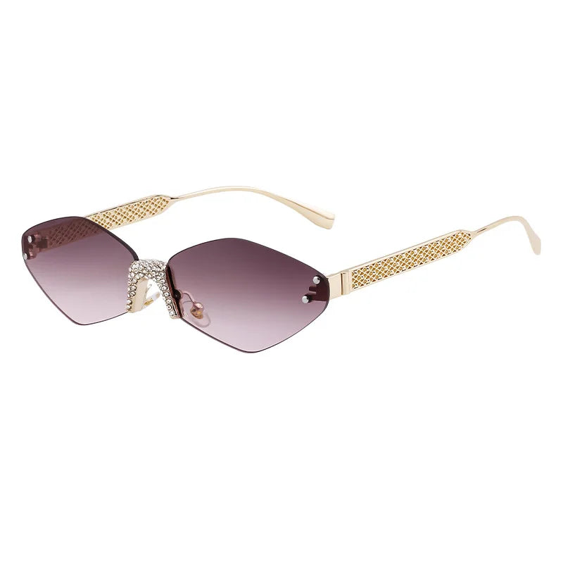 Luxury Diamond Decoration Sunglasses Women 2024 Brand Designer Women  Metal Rimless Sun Glasses For Ladies Eyewear #301677